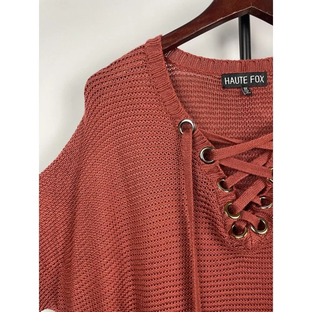 Haute‎ Fox Rust Red Knit Short Doleman Sleeve Tie Neckline Blouse Size 3X - Picture 5 of 7